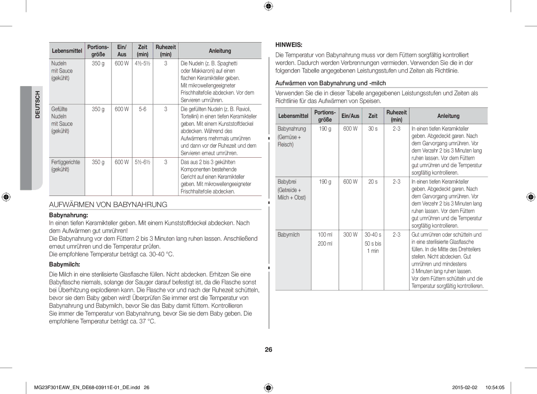 Samsung MG23F301EAK/EN, MG23F301EAW/EF manual Aufwärmen VON Babynahrung, Babymilch, Hinweis 