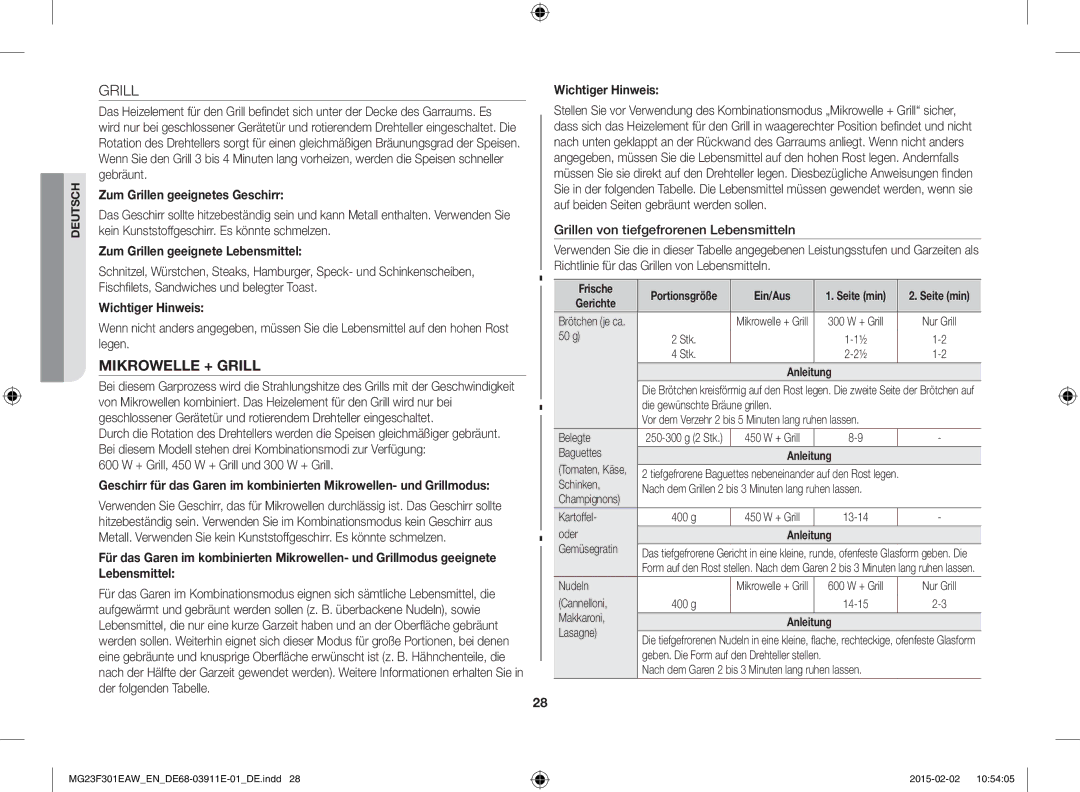 Samsung MG23F301EAK/EN manual Zum Grillen geeignetes Geschirr, Zum Grillen geeignete Lebensmittel, Wichtiger Hinweis 