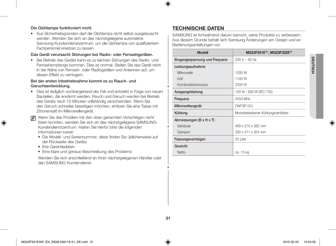 Samsung MG23F301EAW/EF, MG23F301EAK/EN manual Technische Daten, Modell MG23F301E**, MG23F302E, Eingangsspannung und Frequenz 