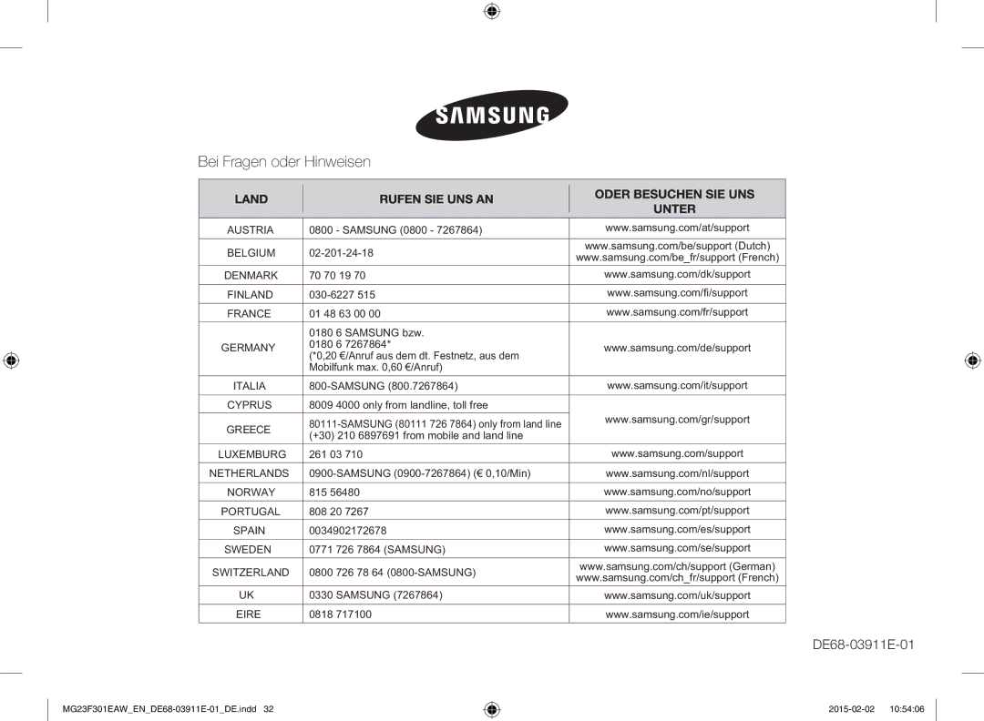 Samsung MG23F301EAK/EN manual 02-201-24-18, 70 70 19, 030-6227, 01 48 63 00 0180 6 Samsung bzw, 261 03, 815, 808 20, 0818 