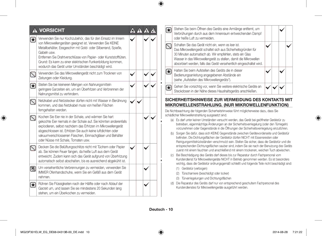 Samsung MG23F301ELW/EG, MG23F301EAS/EG, MG23F301ELW/EN manual Vorsicht, Schalten Sie das Gerät nicht ein, wenn es leer ist 