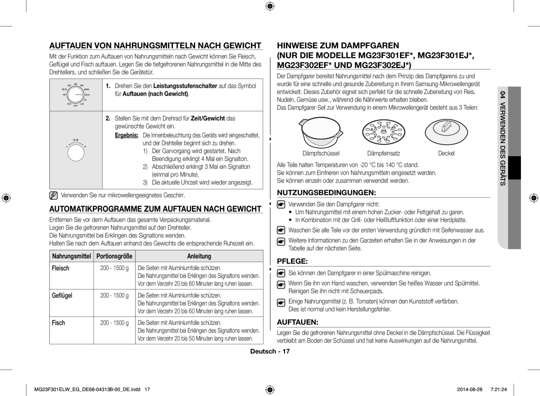 Samsung MG23F301ELW/EN Auftauen von Nahrungsmitteln nach Gewicht, Automatikprogramme zum Auftauen nach Gewicht, Pflege 