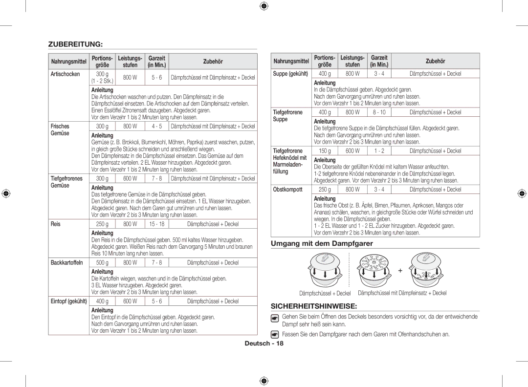 Samsung MG23F301EAS/EG, MG23F301ELW/EG, MG23F301ELW/EN manual Zubereitung, Sicherheitshinweise, Größe Stufen 