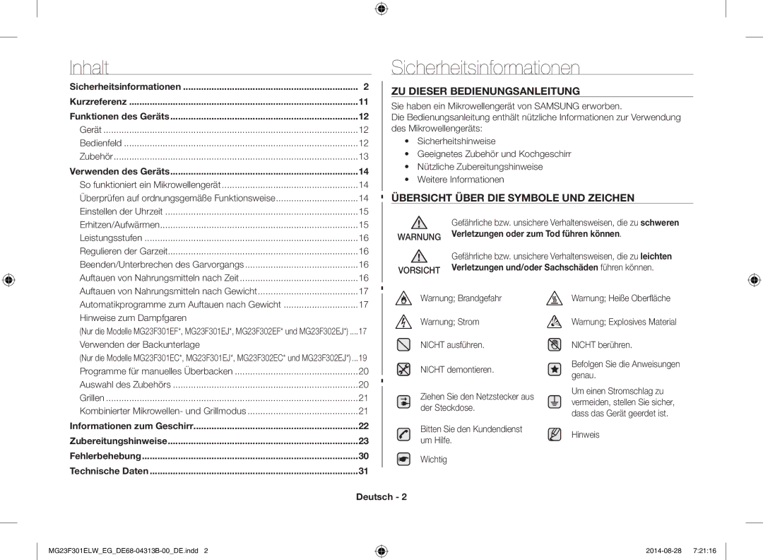 Samsung MG23F301ELW/EN, MG23F301EAS/EG, MG23F301ELW/EG manual Inhalt Sicherheitsinformationen 