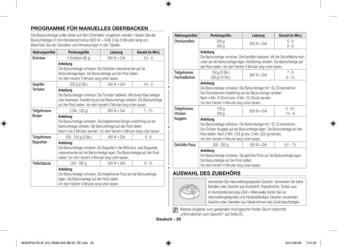 Samsung MG23F301ELW/EN, MG23F301EAS/EG Programme für manuelles Überbacken, Auswahl des Zubehörs, Portionsgröße Leistung 