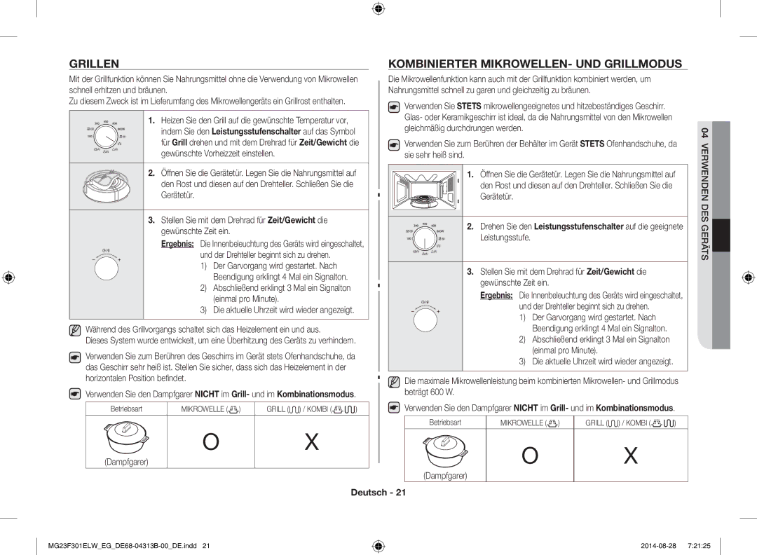 Samsung MG23F301EAS/EG, MG23F301ELW/EG, MG23F301ELW/EN manual Grillen, Kombinierter Mikrowellen- und Grillmodus, Dampfgarer 