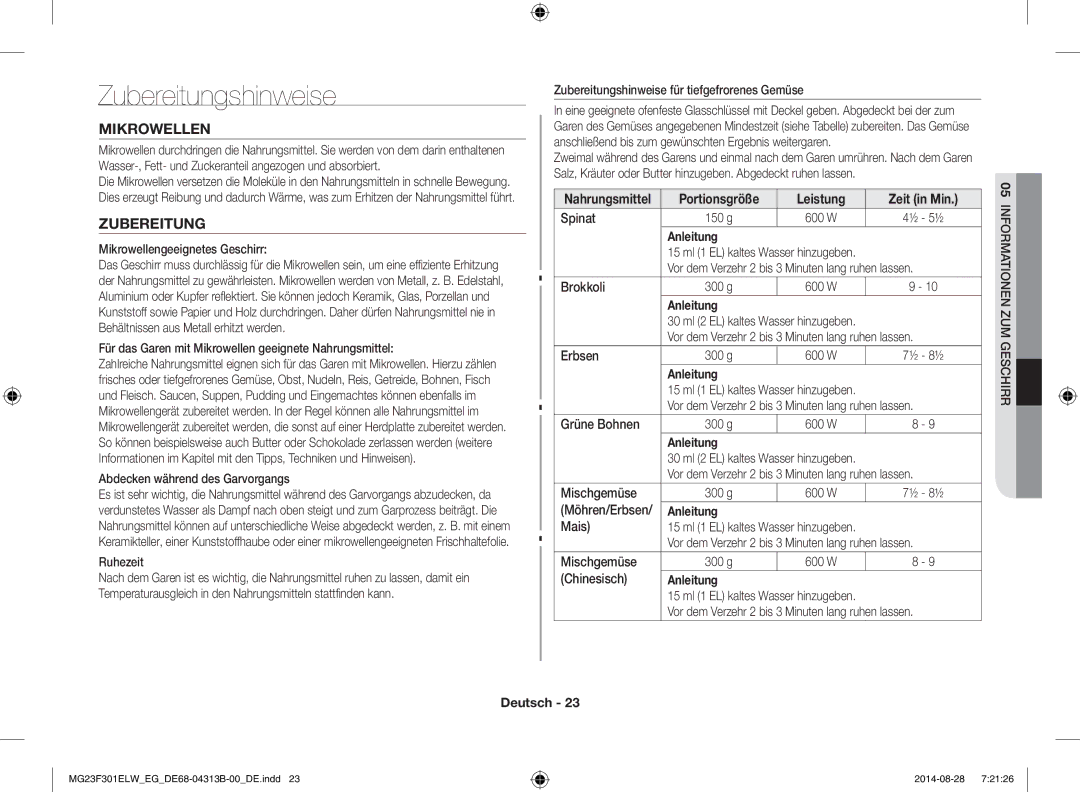 Samsung MG23F301ELW/EN, MG23F301EAS/EG manual Zubereitungshinweise, Mikrowellen, Portionsgröße Leistung Zeit in Min 
