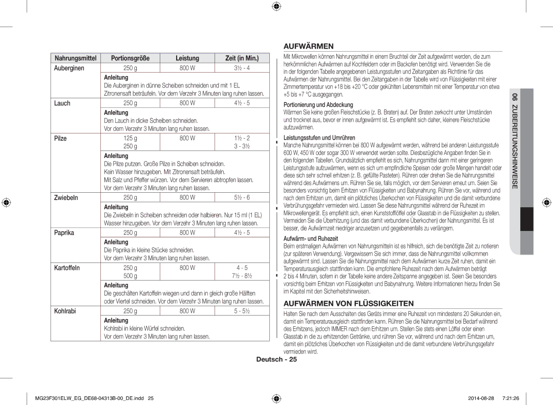 Samsung MG23F301ELW/EG, MG23F301EAS/EG, MG23F301ELW/EN manual Aufwärmen VON Flüssigkeiten 