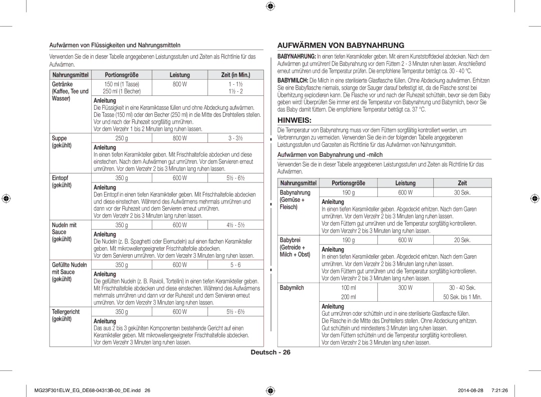 Samsung MG23F301ELW/EN, MG23F301EAS/EG, MG23F301ELW/EG manual Aufwärmen VON Babynahrung, Hinweis, Zeit 