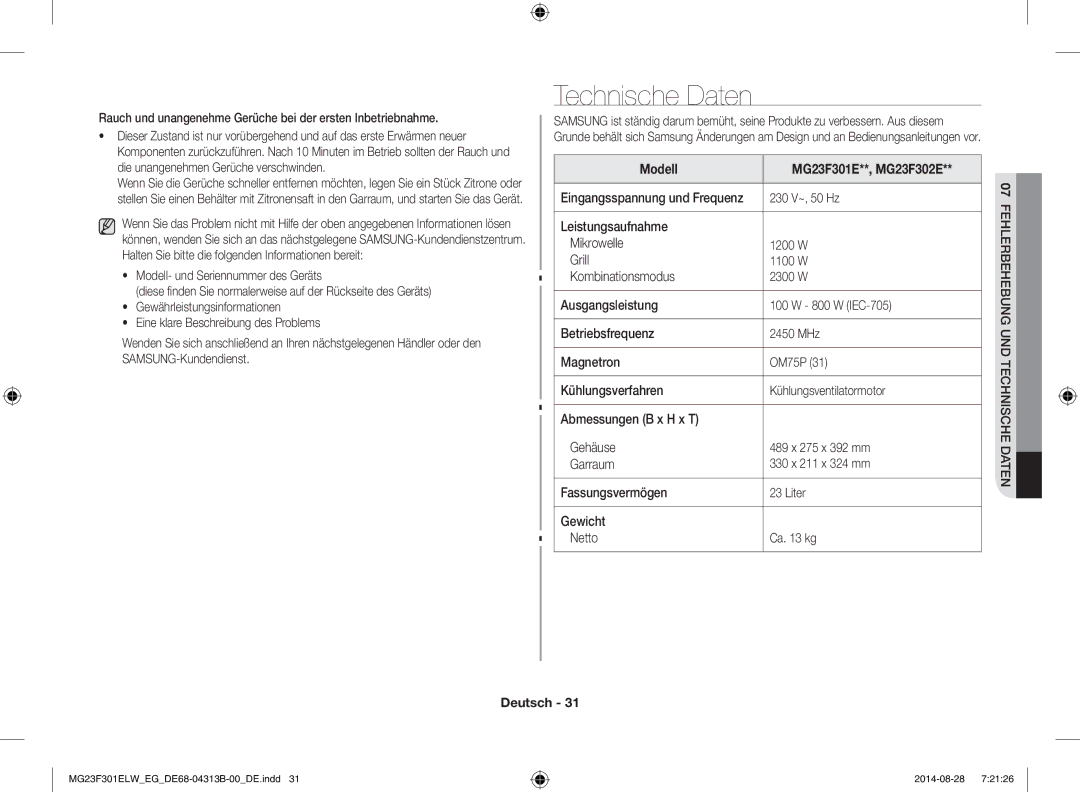 Samsung MG23F301ELW/EG, MG23F301EAS/EG manual Technische Daten, Rauch und unangenehme Gerüche bei der ersten Inbetriebnahme 