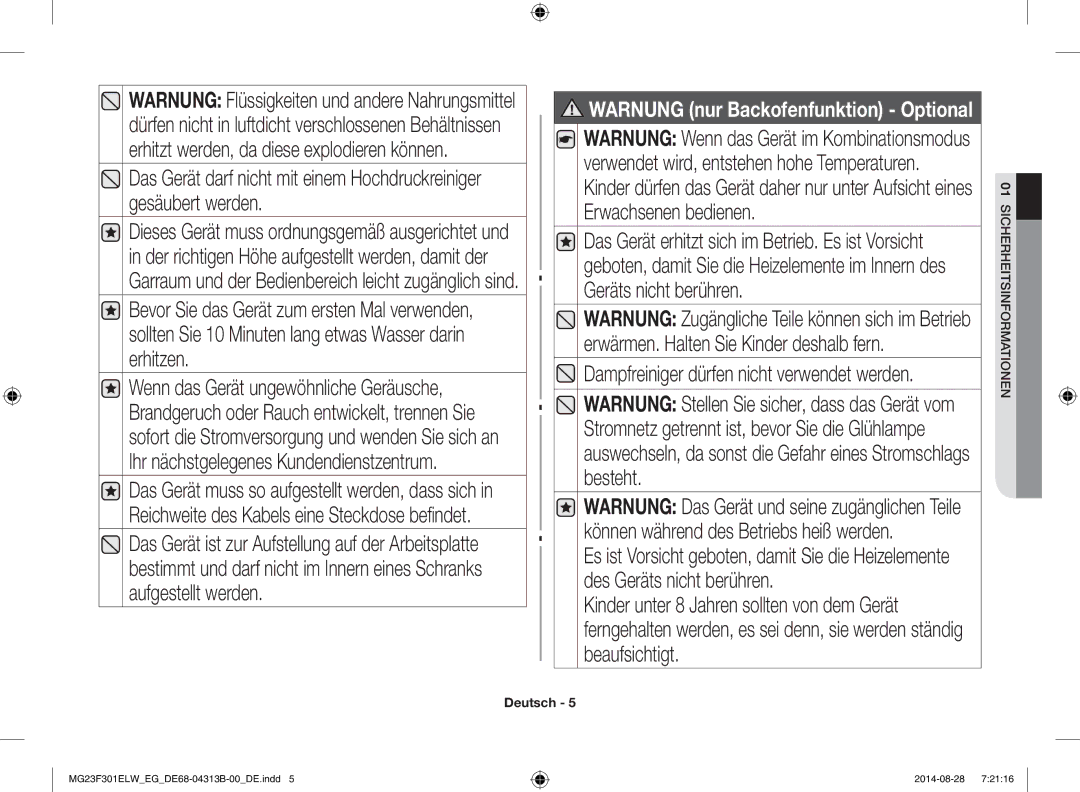 Samsung MG23F301ELW/EN, MG23F301EAS/EG, MG23F301ELW/EG manual Warnung nur Backofenfunktion Optional 