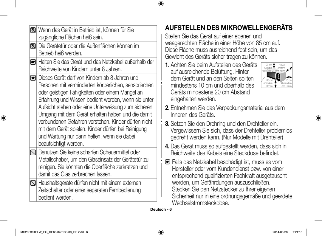 Samsung MG23F301EAS/EG, MG23F301ELW/EG, MG23F301ELW/EN manual Aufstellen des Mikrowellengeräts 