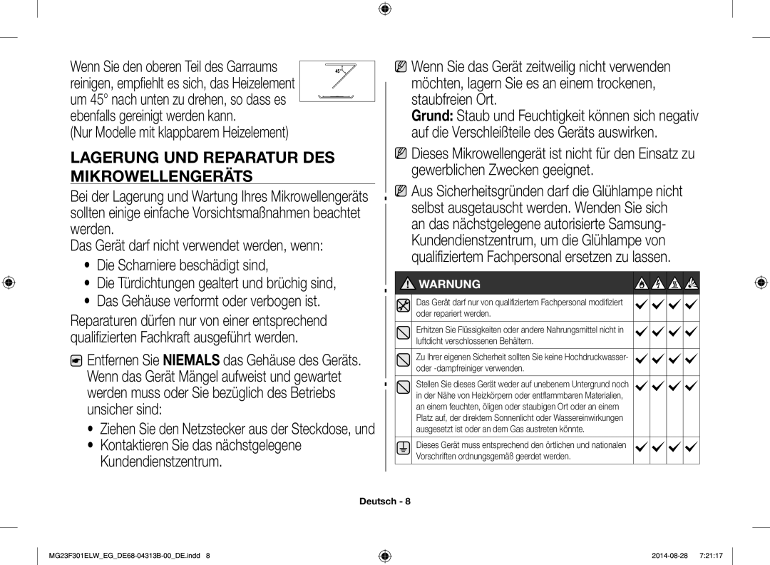 Samsung MG23F301ELW/EN, MG23F301EAS/EG, MG23F301ELW/EG manual Lagerung und Reparatur des Mikrowellengeräts 