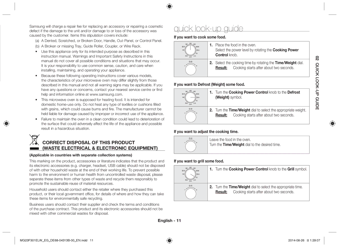 Samsung MG23F301ELW/EN manual Quick look-up guide, If you want to cook some food, Place the food in the oven, Control knob 