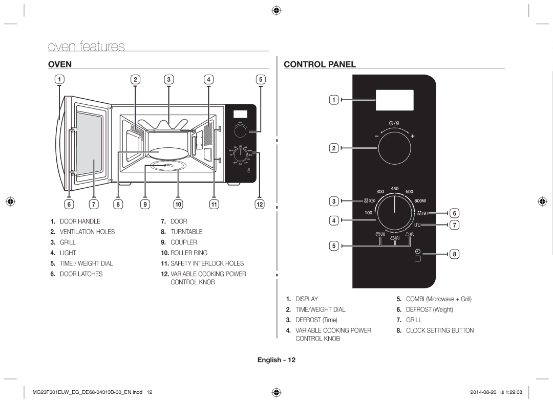 Samsung MG23F301EAS/EG, MG23F301ELW/EG, MG23F301ELW/EN manual Oven features, Control panel, Defrost Weight, Defrost Time 