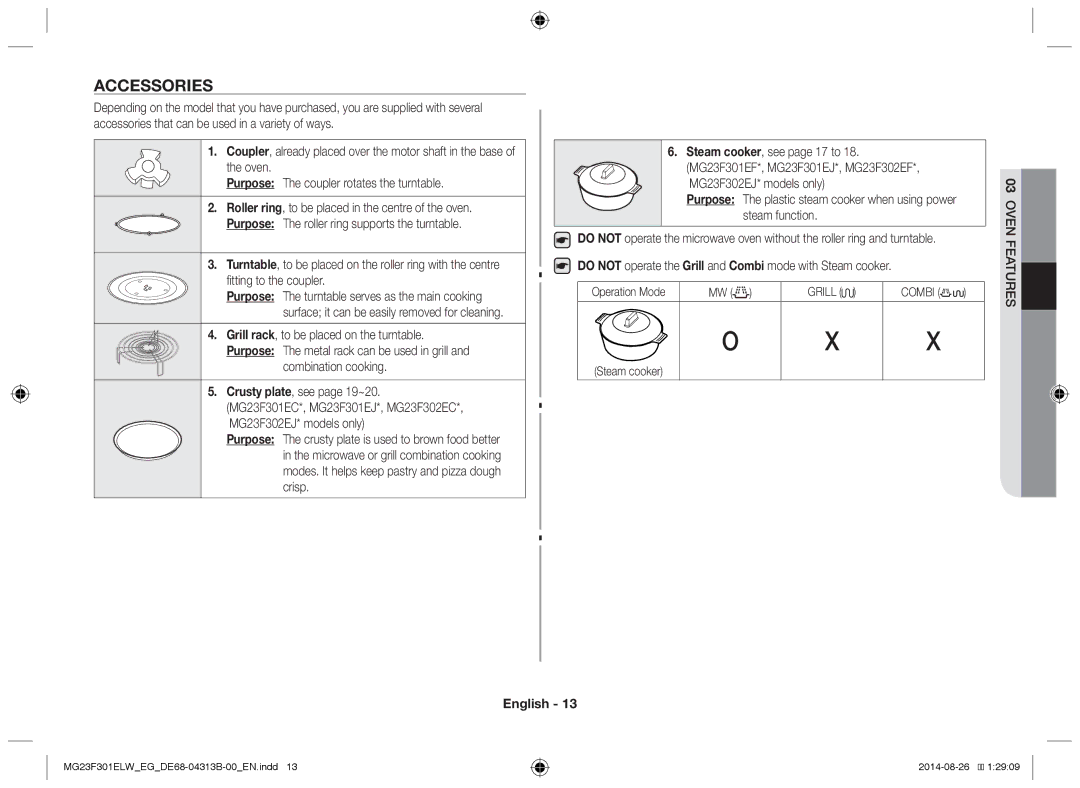 Samsung MG23F301ELW/EG, MG23F301EAS/EG, MG23F301ELW/EN manual Accessories, Combination cooking 