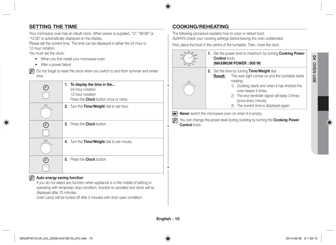 Samsung MG23F301EAS/EG manual Setting the time, Cooking/Reheating, To display the time, Auto energy saving function 