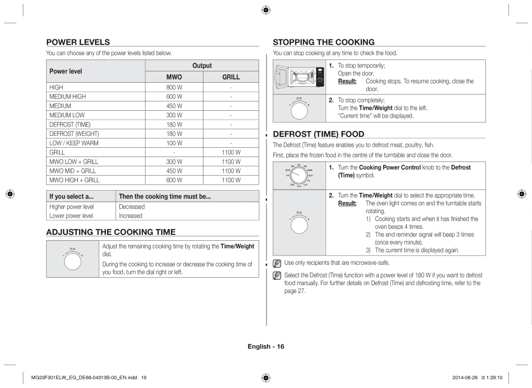 Samsung MG23F301ELW/EG, MG23F301EAS/EG Power levels, Adjusting the cooking time, Stopping the cooking, Defrost time food 