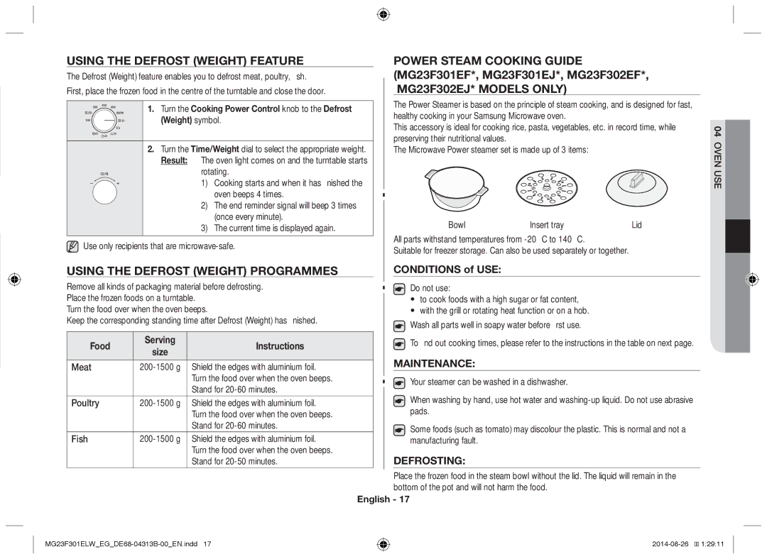 Samsung MG23F301ELW/EN Using the defrost weight feature Power steam cooking guide, MG23F301EF*, MG23F301EJ*, MG23F302EF 