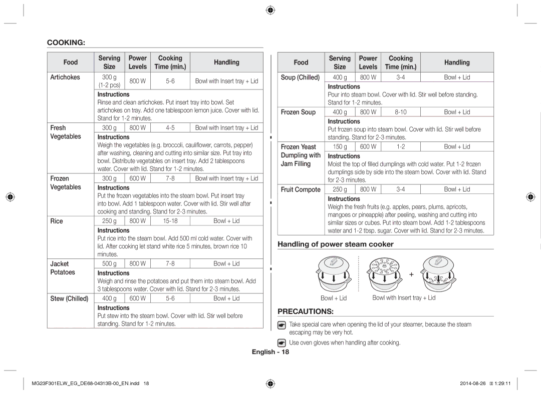 Samsung MG23F301EAS/EG, MG23F301ELW/EG, MG23F301ELW/EN manual Cooking, Precautions, Handling 