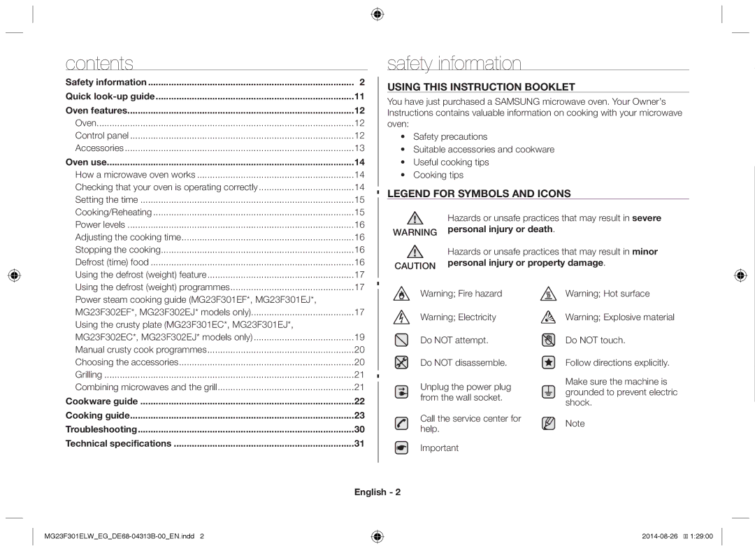 Samsung MG23F301ELW/EN, MG23F301EAS/EG, MG23F301ELW/EG manual Safety information, Contents 