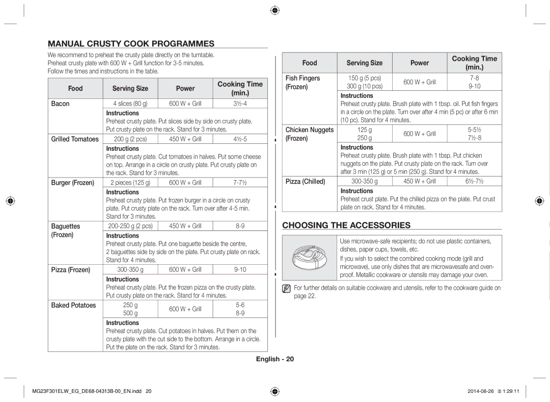 Samsung MG23F301ELW/EN, MG23F301EAS/EG manual Manual crusty cook programmes, Choosing the accessories, Min Instructions 