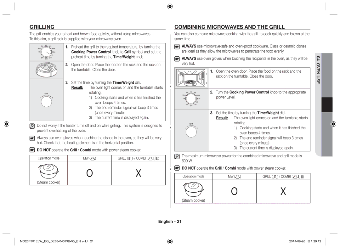 Samsung MG23F301EAS/EG, MG23F301ELW/EG, MG23F301ELW/EN manual Grilling, Combining microwaves and the grill, Steam cooker 
