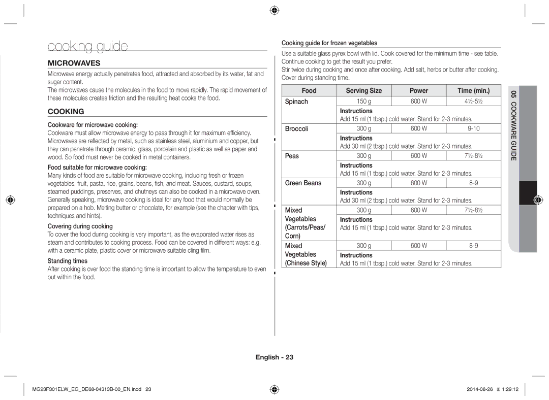 Samsung MG23F301ELW/EN, MG23F301EAS/EG, MG23F301ELW/EG manual Cooking guide, Microwaves, Food Serving Size Power Time min 