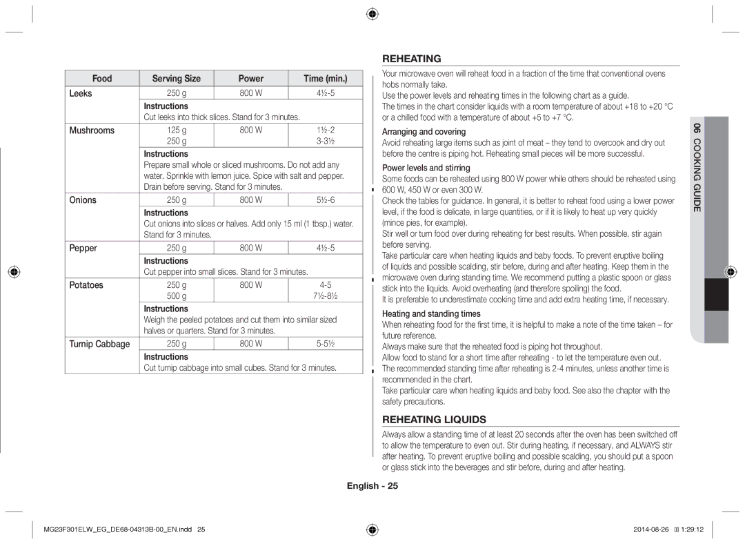 Samsung MG23F301ELW/EG, MG23F301EAS/EG, MG23F301ELW/EN manual Reheating Liquids 