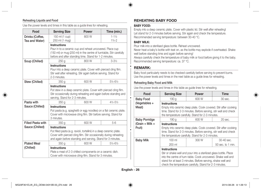 Samsung MG23F301ELW/EN, MG23F301EAS/EG, MG23F301ELW/EG manual Reheating Baby Food, Remark, Food Serving Size Power Time 