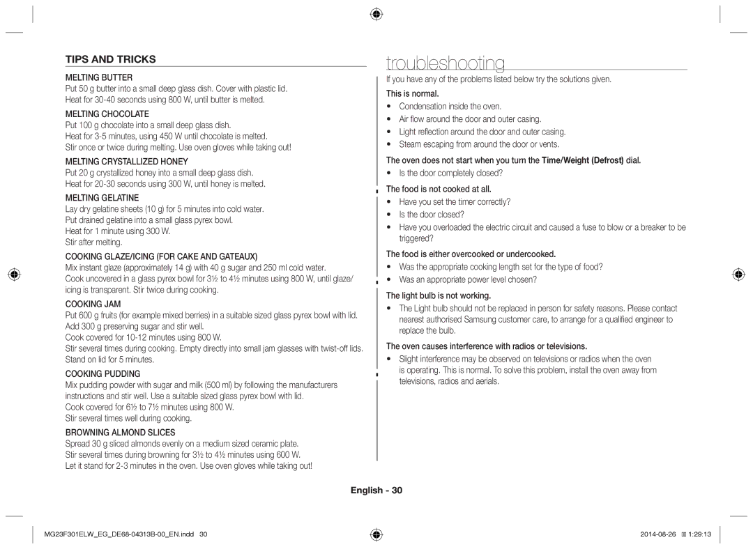 Samsung MG23F301EAS/EG, MG23F301ELW/EG, MG23F301ELW/EN manual Troubleshooting, Tips and Tricks 