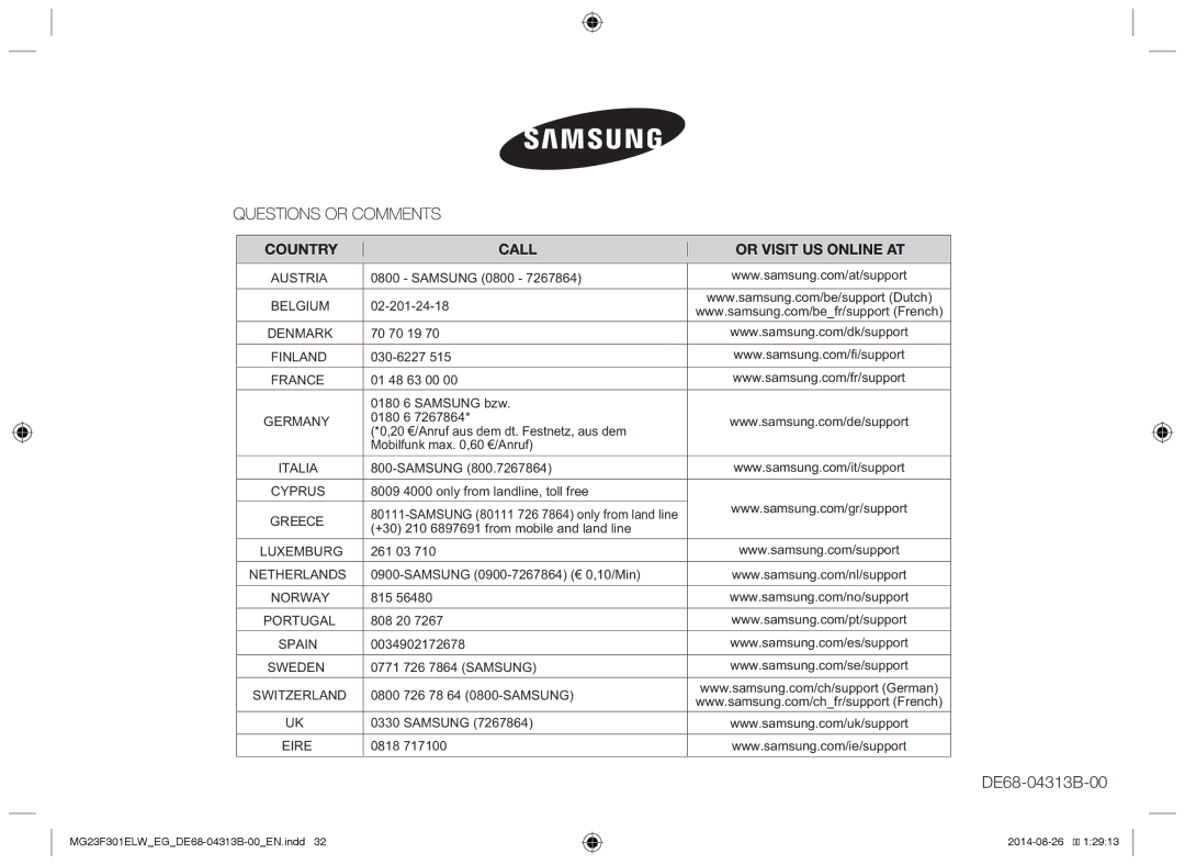 Samsung MG23F301ELW/EN, MG23F301EAS/EG, MG23F301ELW/EG manual DE68-04313B-00 