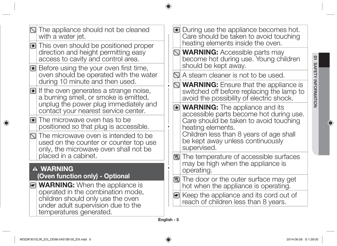 Samsung MG23F301ELW/EN, MG23F301EAS/EG, MG23F301ELW/EG manual Appliance should not be cleaned with a water jet 