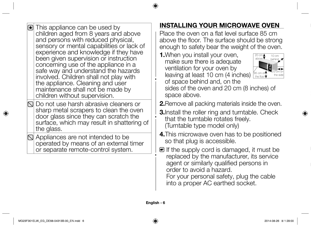 Samsung MG23F301EAS/EG, MG23F301ELW/EG, MG23F301ELW/EN manual Installing your microwave oven 