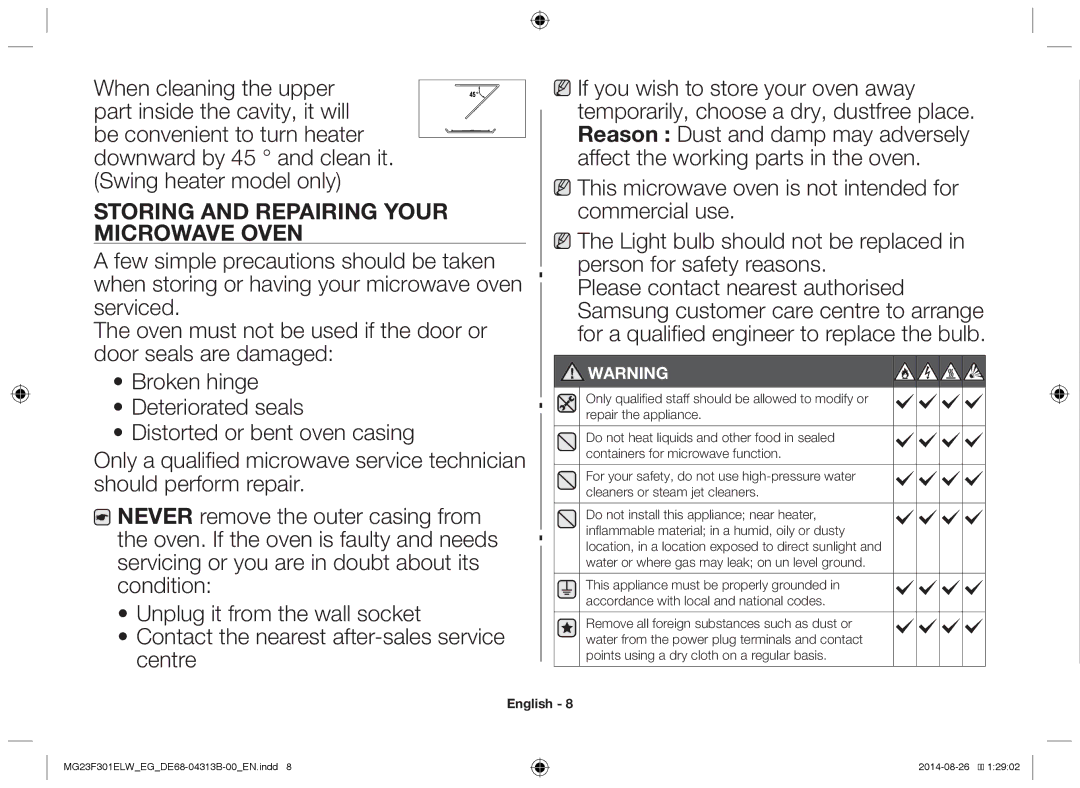 Samsung MG23F301ELW/EN, MG23F301EAS/EG, MG23F301ELW/EG manual Storing and repairing your microwave oven 