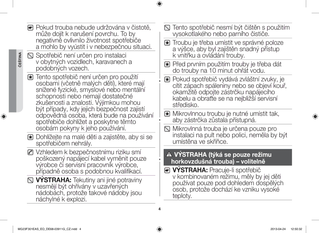 Samsung MG23F301EAS/EO manual Výstraha týká se pouze režimu horkovzdušná trouba volitelně 