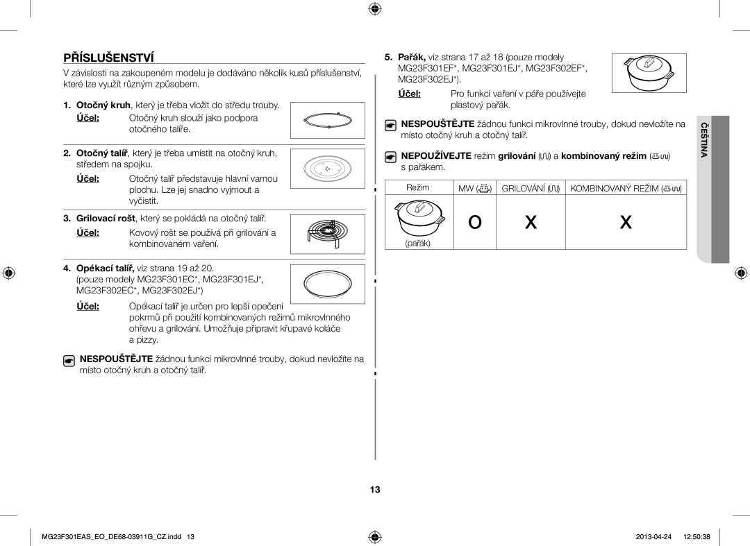 Samsung MG23F301EAS/EO manual Příslušenství, Účel, Nepoužívejte režim grilování a kombinovaný režim, Pařákem 