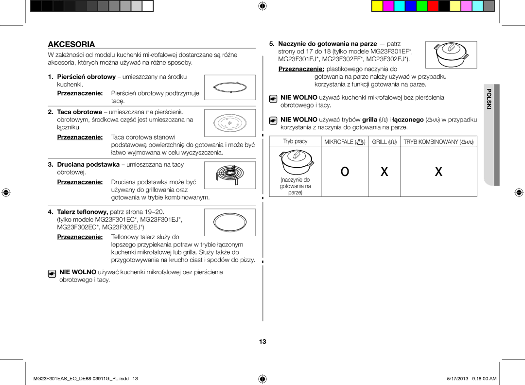 Samsung MG23F301EAS/EO Akcesoria, Druciana podstawka umieszczana na tacy obrotowej, Przeznaczenie plastikowego naczynia do 