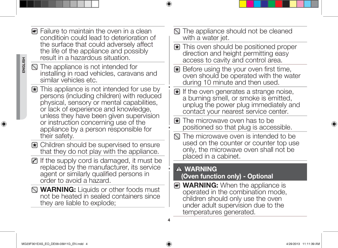 Samsung MG23F301EAS/EO manual Oven function only Optional 