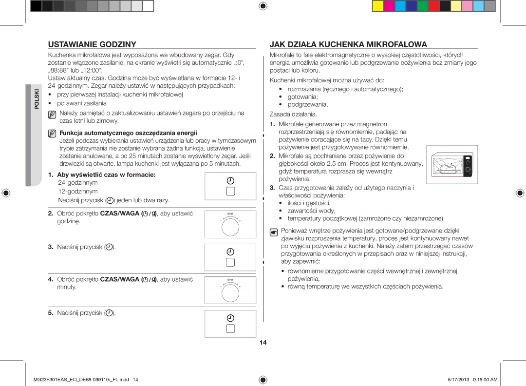 Samsung MG23F301EAS/EO Ustawianie godziny, Jak działa kuchenka mikrofalowa, Funkcja automatycznego oszczędzania energii 