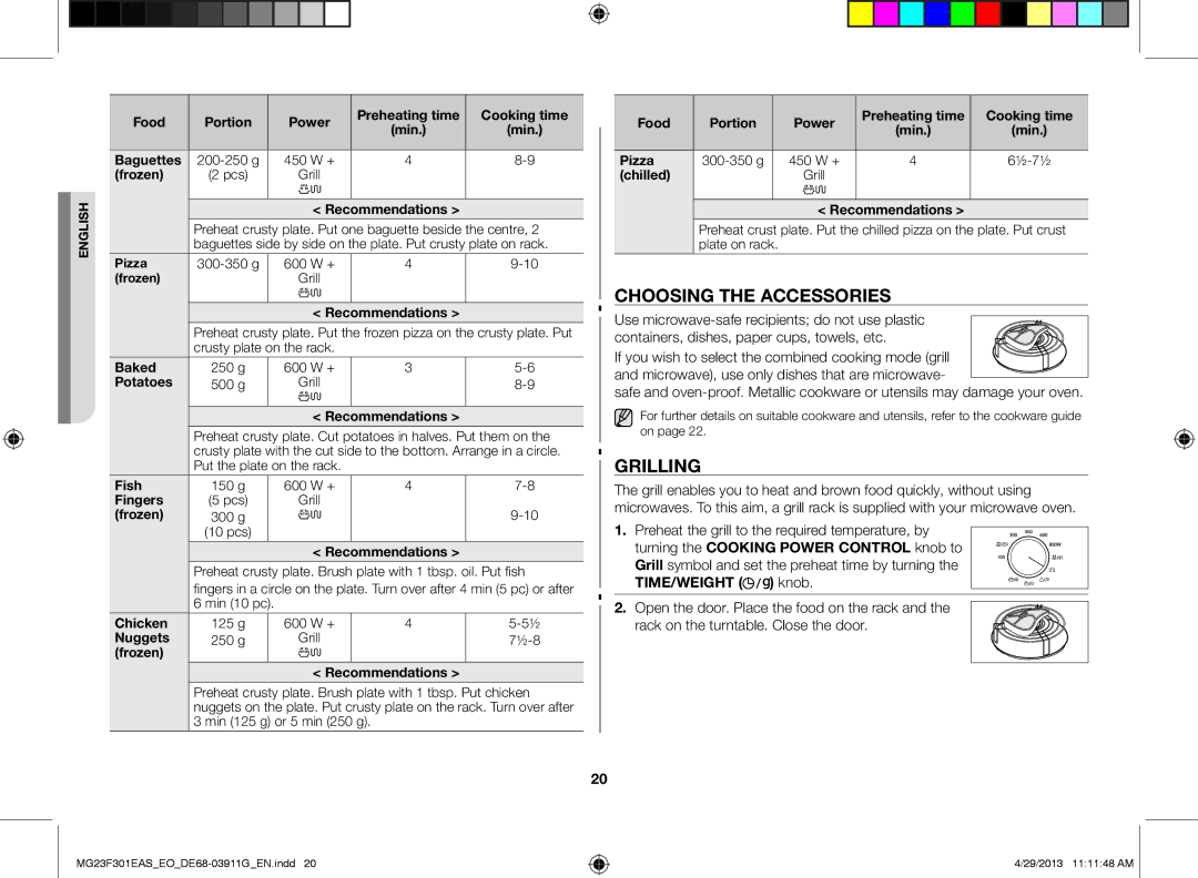 Samsung MG23F301EAS/EO manual Choosing the accessories, Grilling 