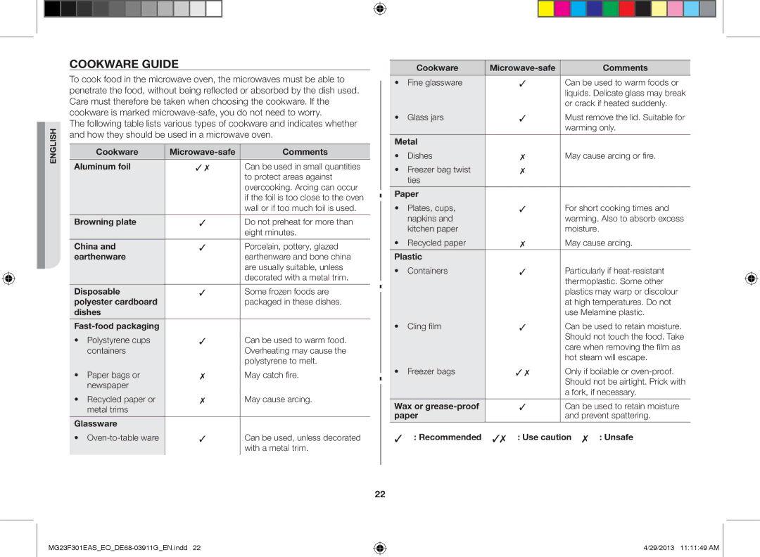 Samsung MG23F301EAS/EO manual Cookware guide 