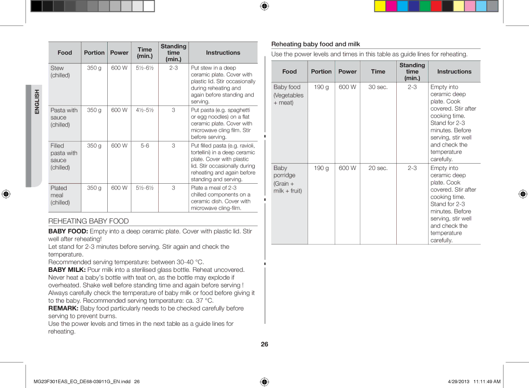 Samsung MG23F301EAS/EO manual Reheating Baby Food, Standing Food, Power Time Instructions 