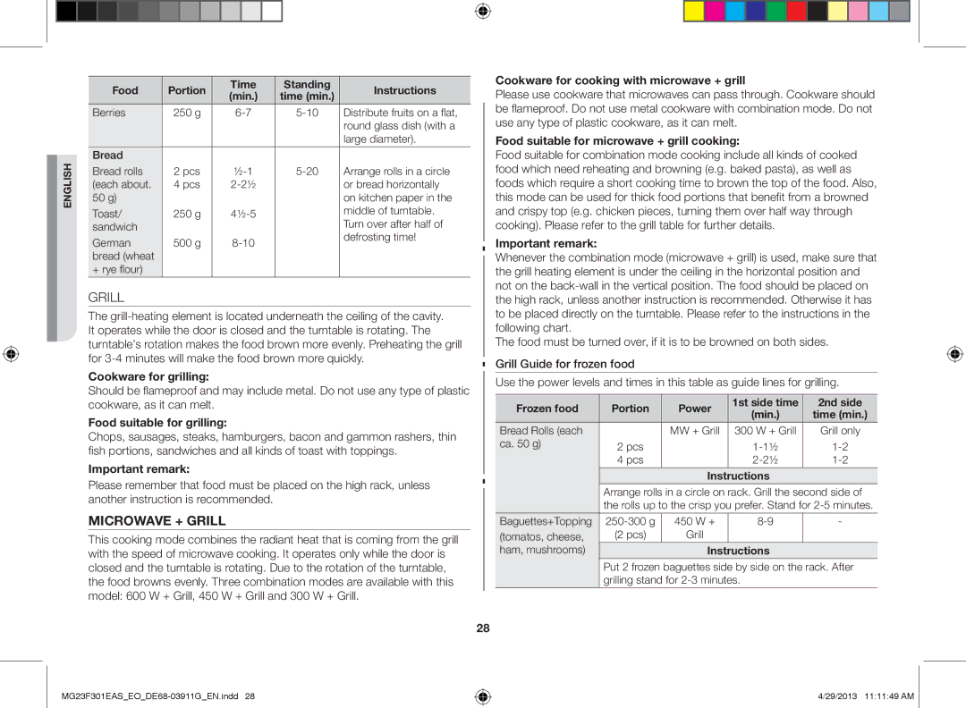 Samsung MG23F301EAS/EO manual Cookware for grilling, Food suitable for grilling, Important remark 