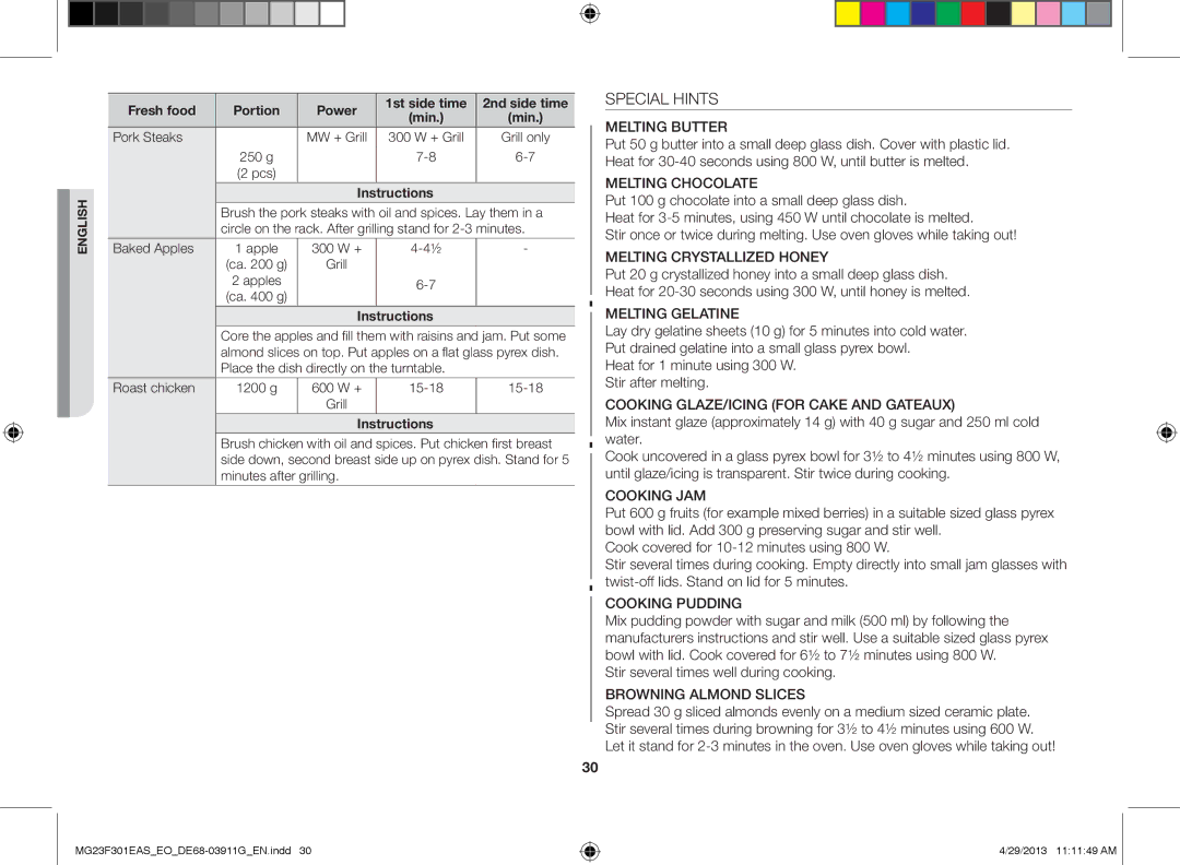 Samsung MG23F301EAS/EO manual Special Hints, Stir several times well during cooking 