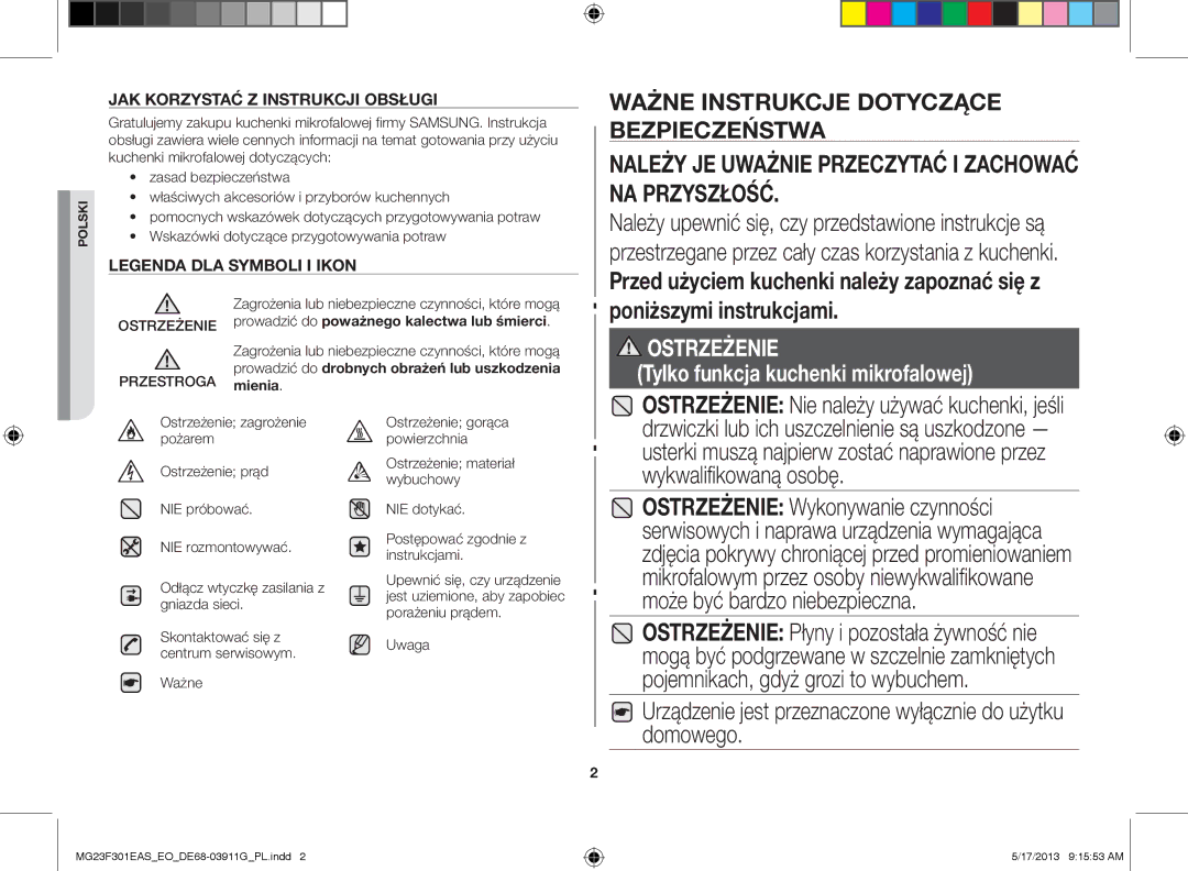 Samsung MG23F301EAS/EO Ostrzeżenie Nie należy używać kuchenki, jeśli, Ważne, NIE dotykać Postępować zgodnie z instrukcjami 