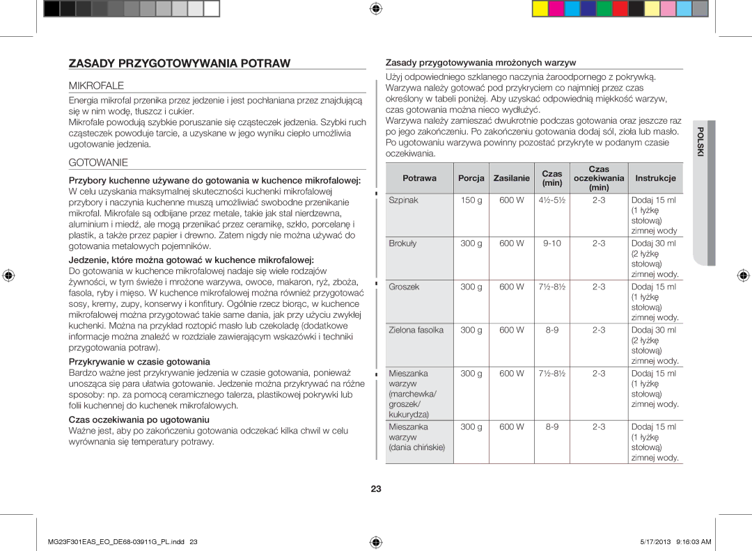 Samsung MG23F301EAS/EO manual Zasady przygotowywania potraw, Mikrofale, Potrawa Porcja Zasilanie Czas, Instrukcje, Min 