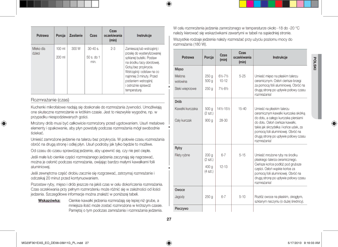 Samsung MG23F301EAS/EO Mleko dla, Gotuj bez przykrycia, Podaniem wstrząśnij, Ostrożnie sprawdź, Temperaturę, Mięso Mielona 