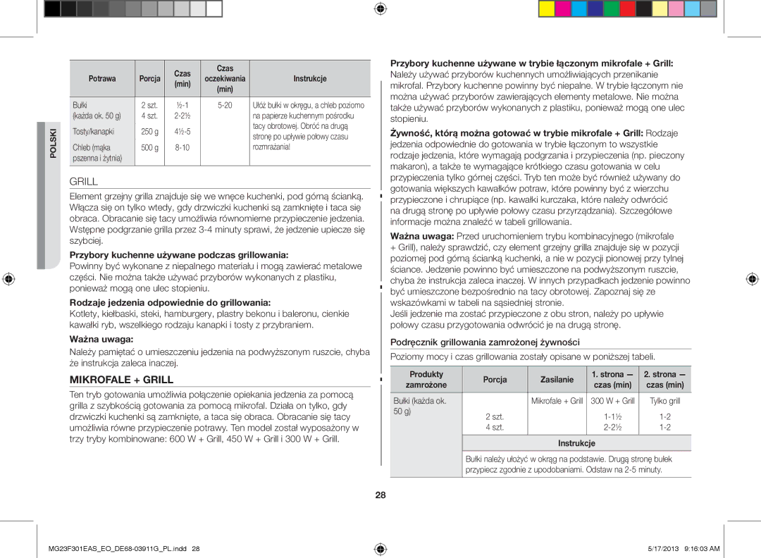 Samsung MG23F301EAS/EO Grill, Przybory kuchenne używane podczas grillowania, Rodzaje jedzenia odpowiednie do grillowania 