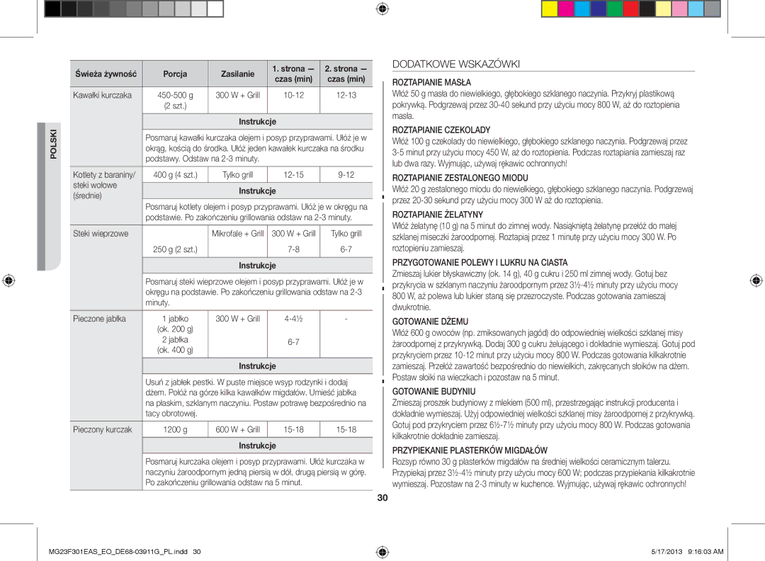 Samsung MG23F301EAS/EO manual Dodatkowe Wskazówki 